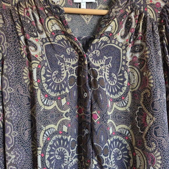 Joie Gareth 100% Silk Georgette Bohemian Paisley Blouse Brown Sz Small Button Up - Picture 4 of 10